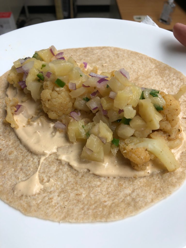 Fish-less Cauliflower Tacos with Pineapple Salsa